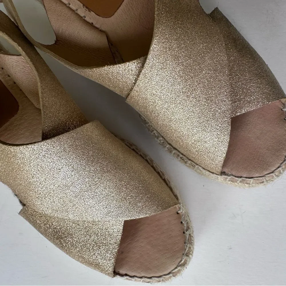 Kanna Gold Metallic Nubuck Suede Crossover Platform Wedge Espadrille Sandal 8